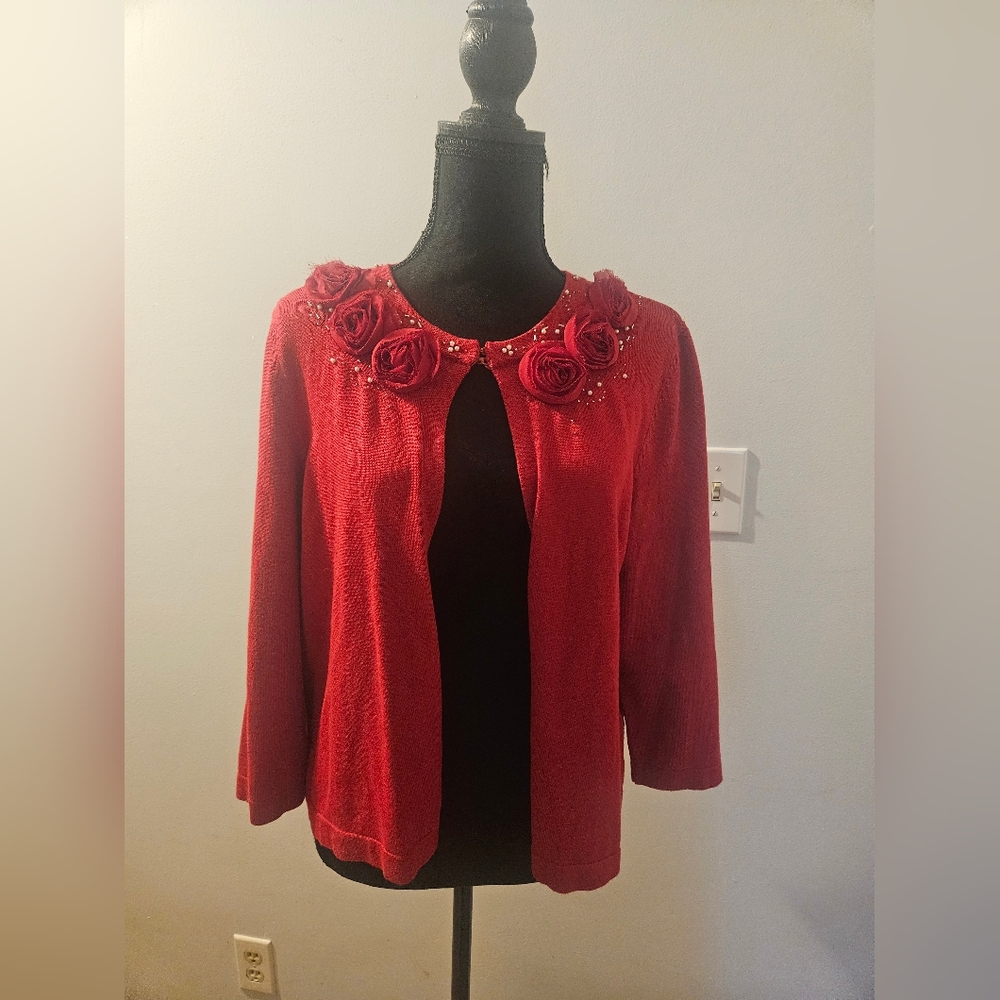 Covington Red Cardigan with Floral Accents